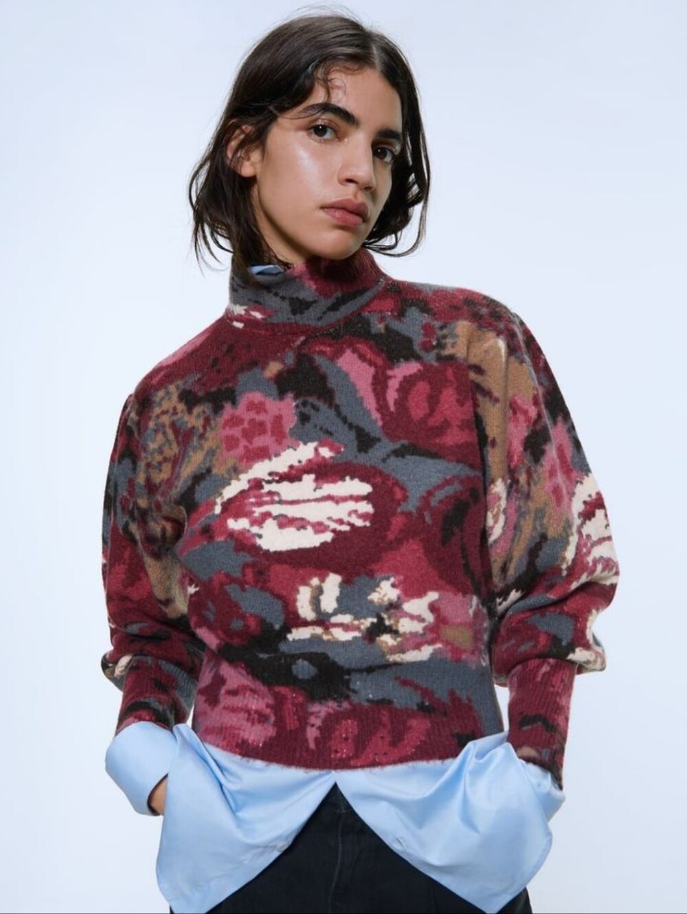 Zara Floral Patterned Cowl Neck Sweater in Burgundy, Pink, Gray